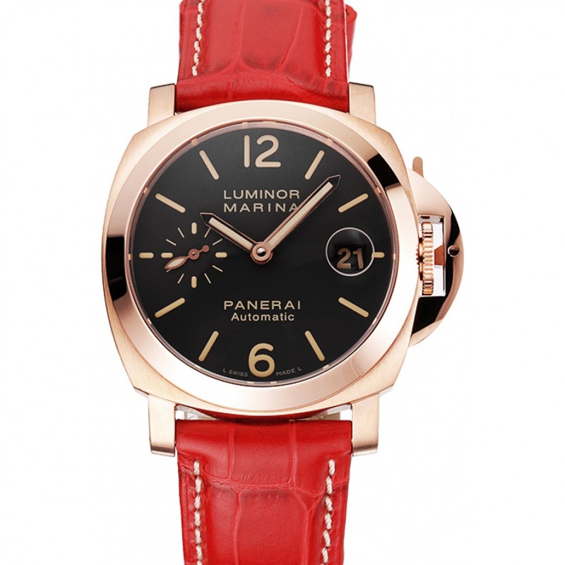 Suiza Panerai Luminor Marina Negro Dial correa de cuero de oro