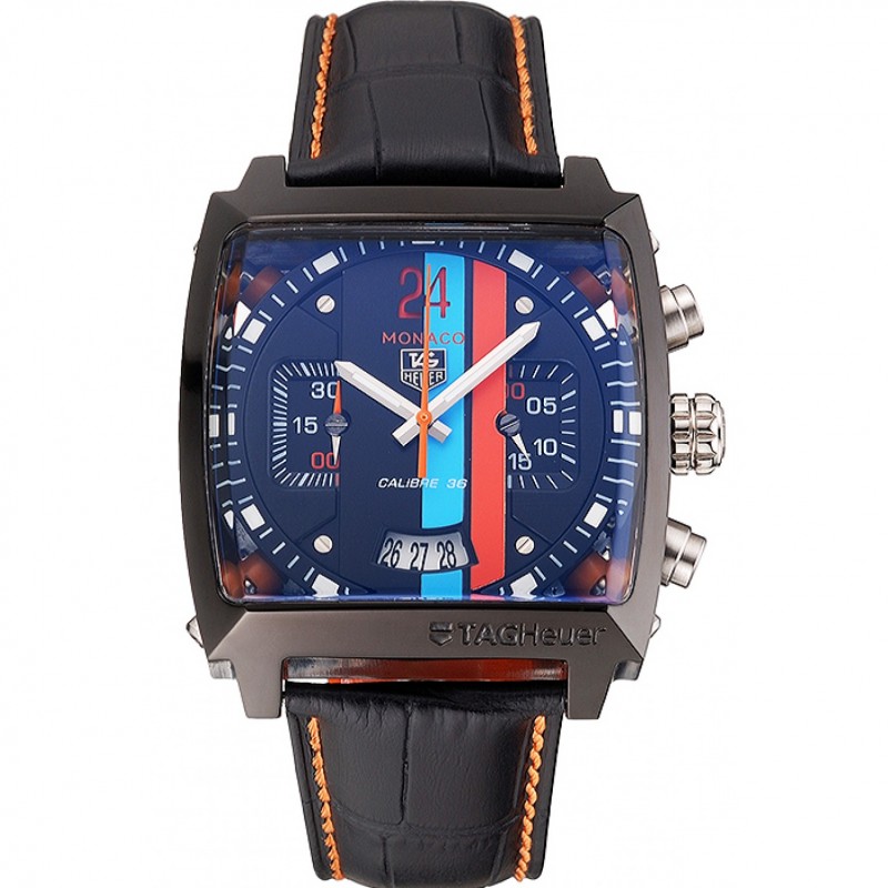 Tag Heuer Monaco Calibre 36 azul y naranja rayas Dial correa de